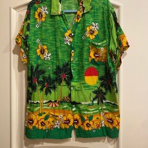 India Boutique Green Tropical Print Casual Button Down Shirt